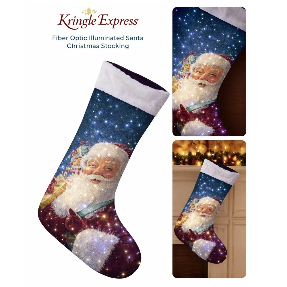 Kringle Express Fiber Optic Illuminated Santa Christmas Stocking NWT
